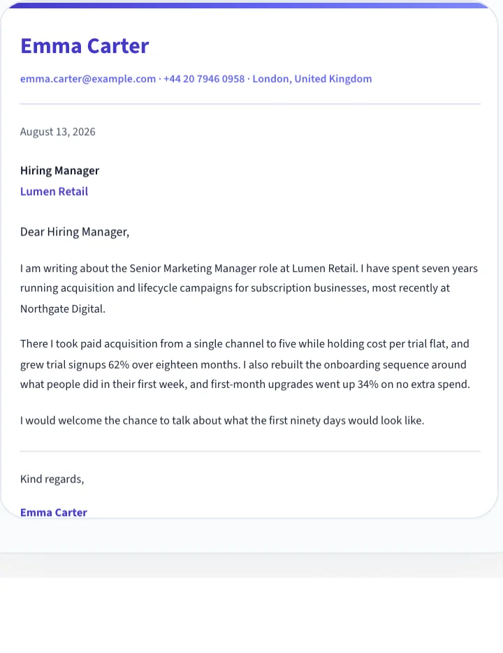 Cover letter by Emma Carter - Accent Bar template