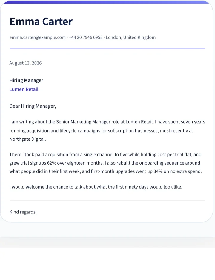 Cover letter by Emma Carter - Modern Header template