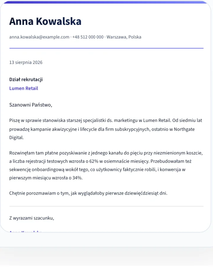 List motywacyjny - Anna Kowalska, szablon Modern Header