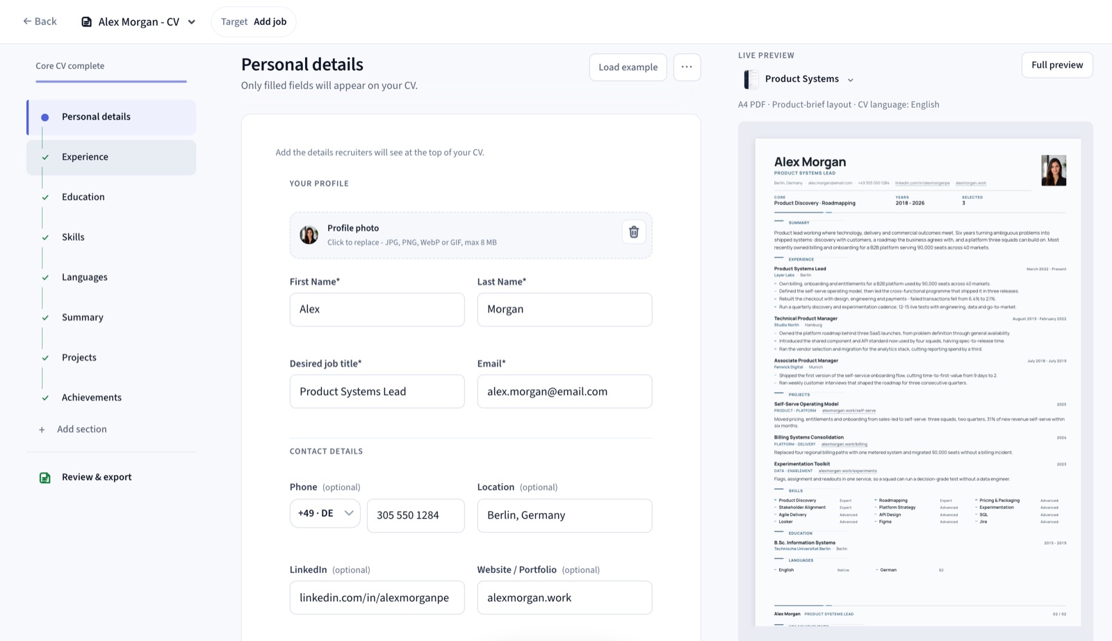 The Appliora CV builder open in a browser: the Personal details step on the left, and Alex Morgan's CV redrawn live on the right in the Executive Premium template