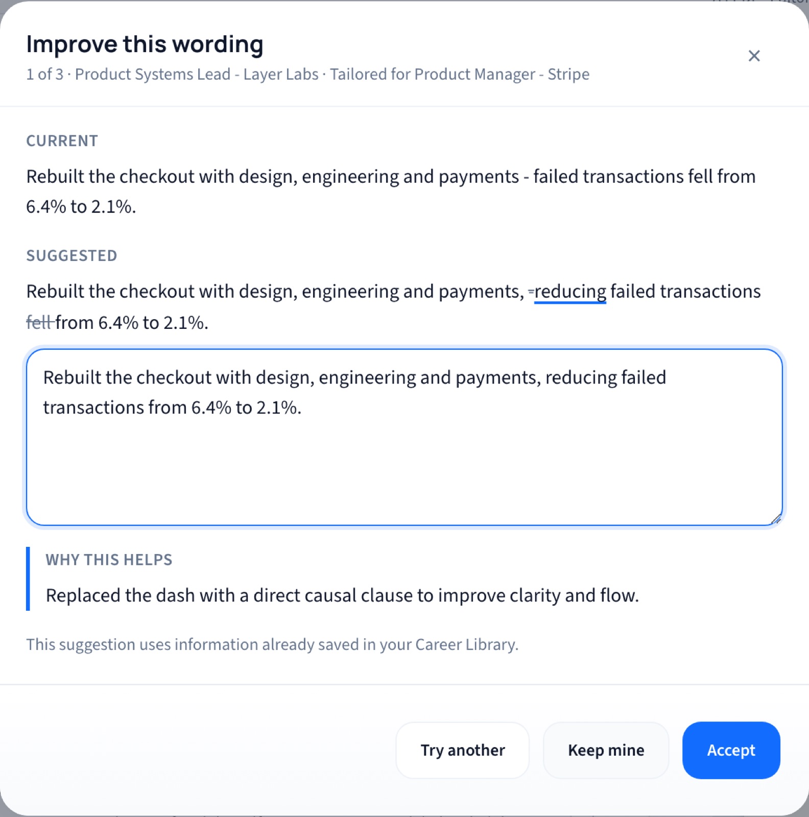 AI Review panel comparing the current bullet wording with a suggested rewrite, the reason it helps, and Accept, Keep mine and Try another buttons