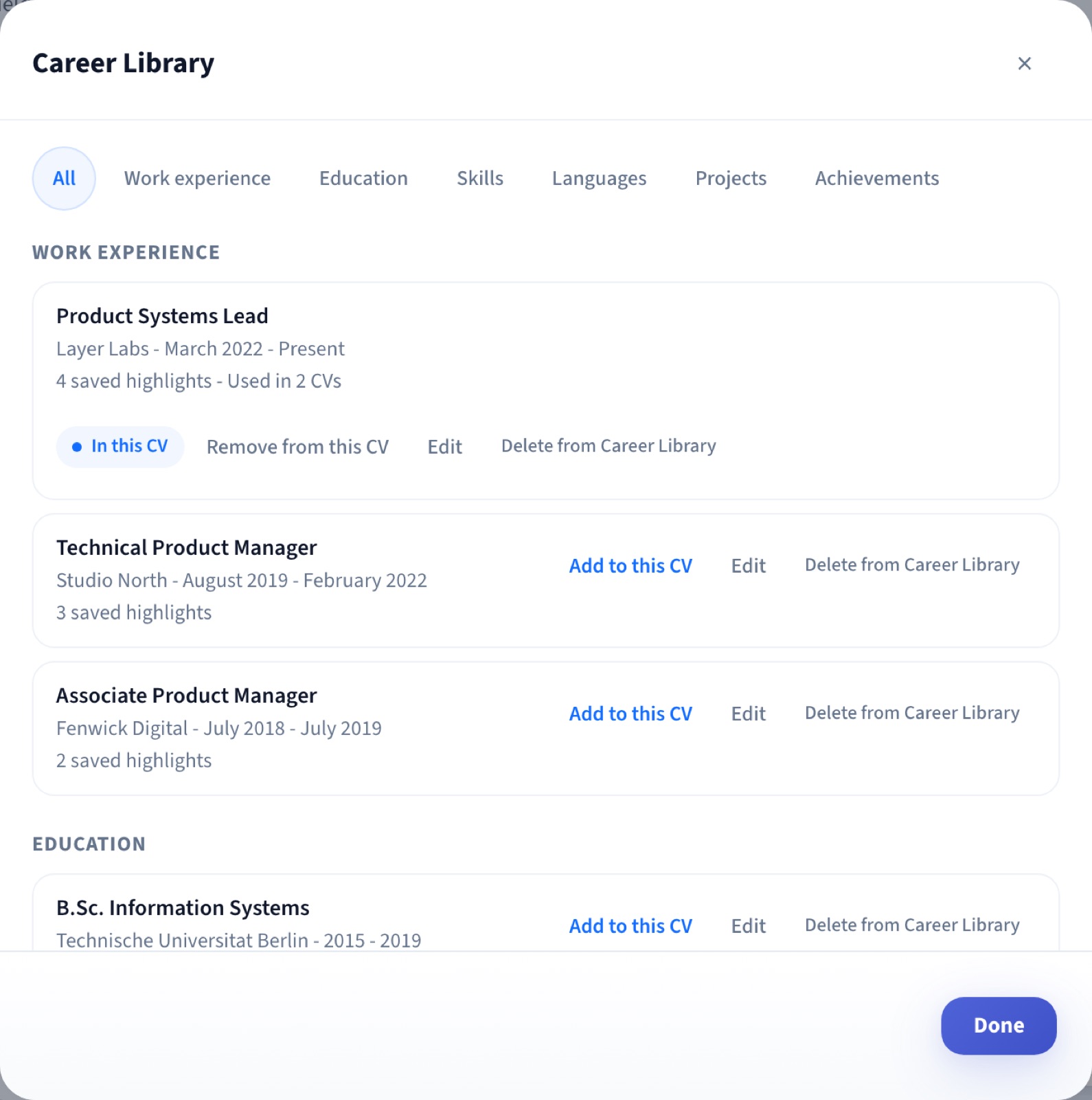 Appliora Career Library showing a Product Systems Lead role used in 2 CVs, with other saved roles available to add