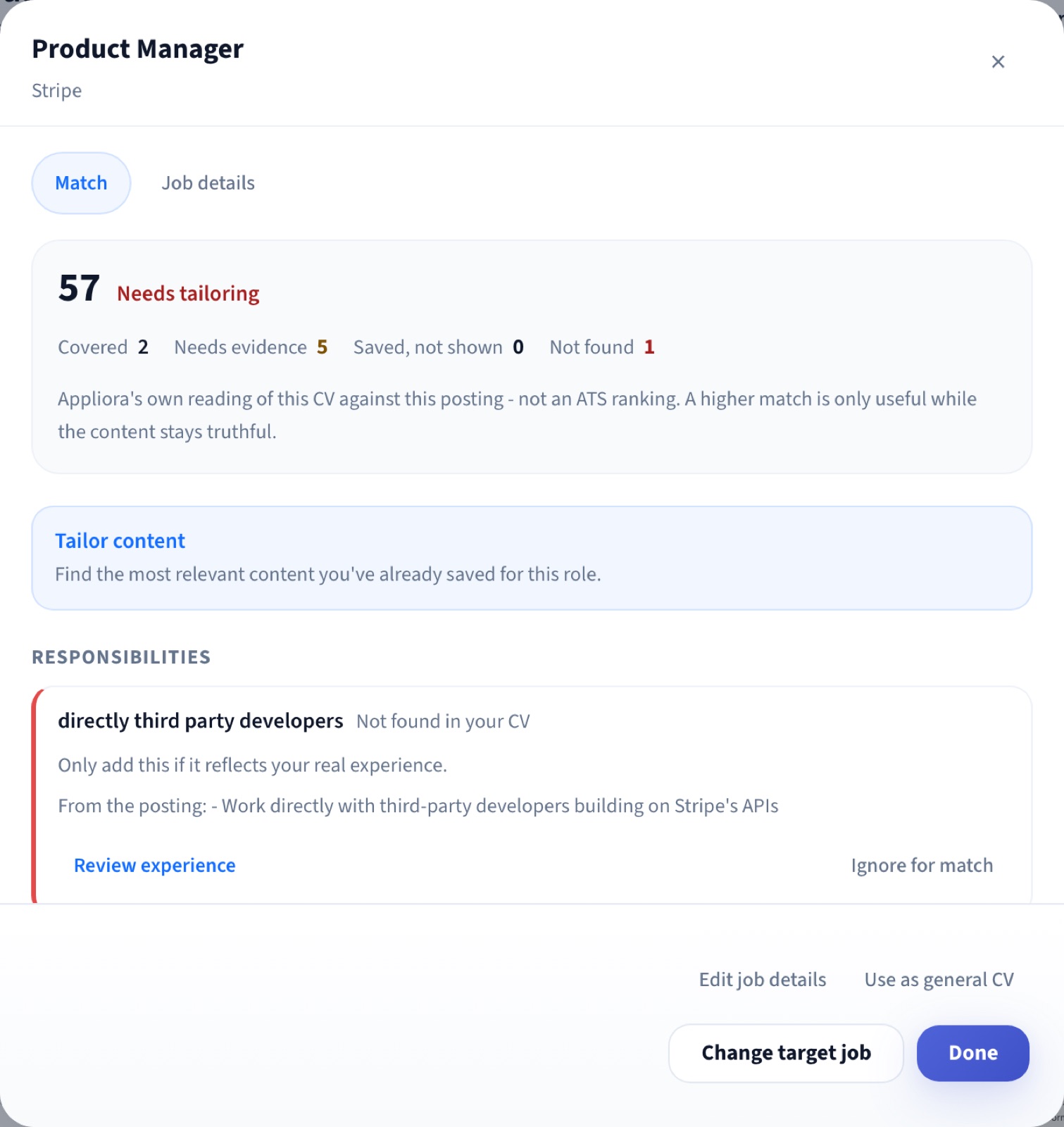 Appliora Job Match panel for Product Manager at Stripe: a score of 57, broken into Covered, Needs evidence, Saved but not shown, and Not found, with a specific finding below