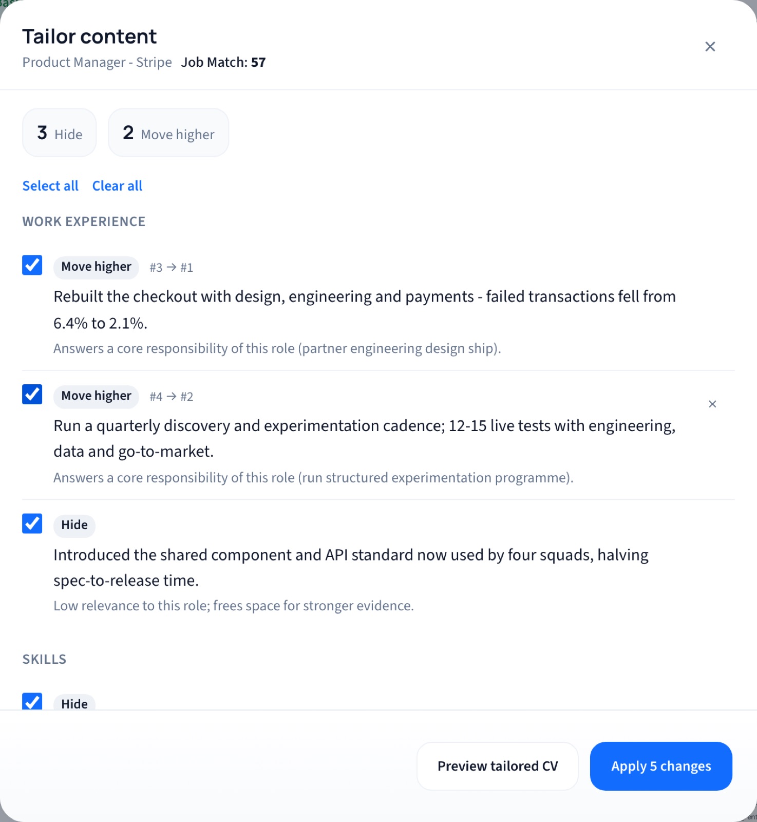 Tailor Content panel recommending which saved experience to keep, hide, or add for the target role, with an Apply changes button