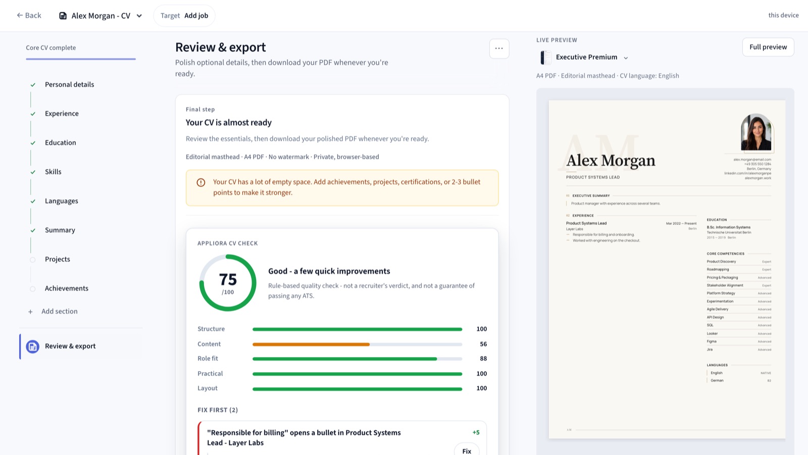 Appliora CV Check scoring a CV 75 out of 100 with a category breakdown - Structure, Content, Role fit, Practical, Layout - and a specific finding to fix first