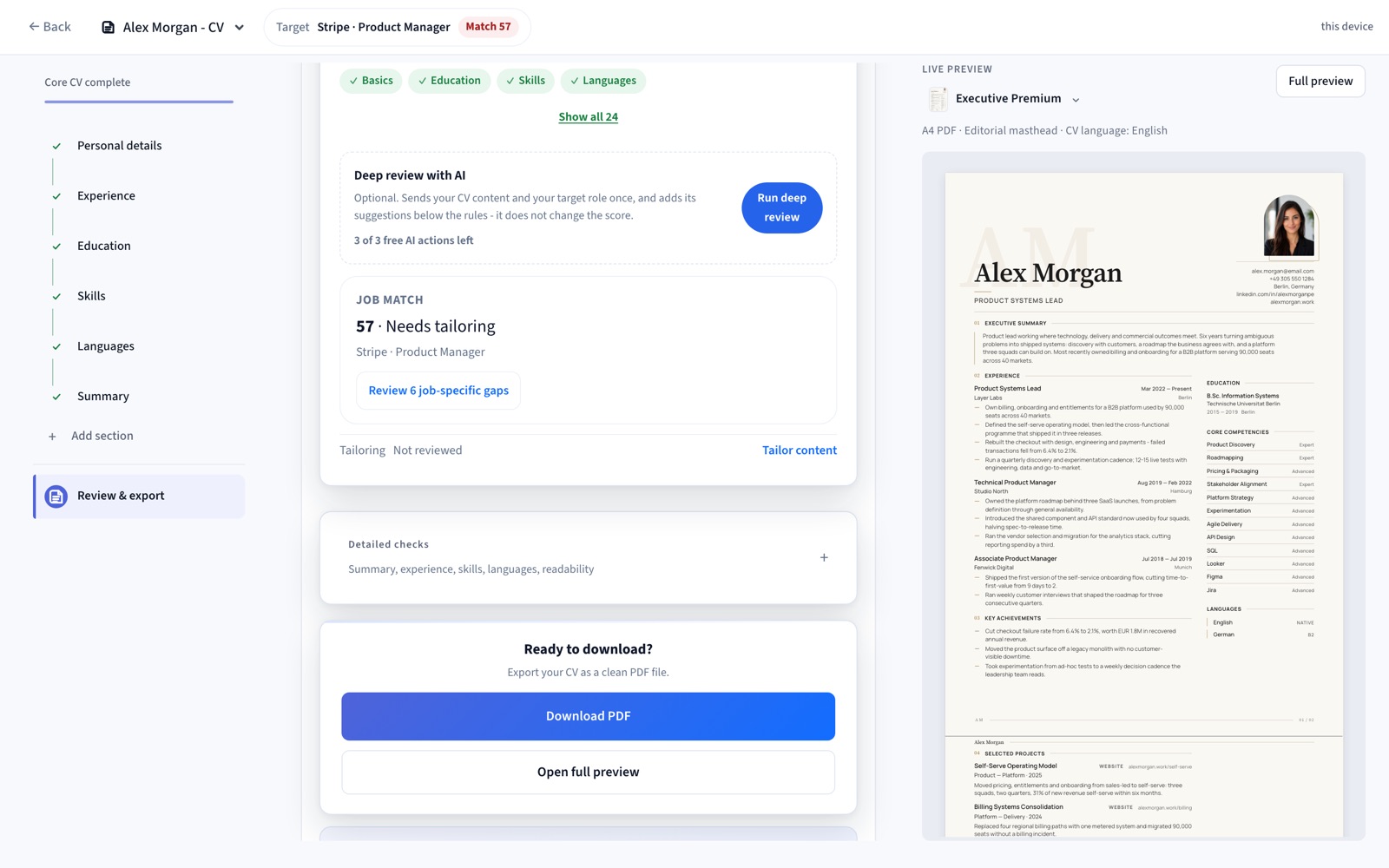 Appliora review and export screen showing the finished CV ready to download as a PDF