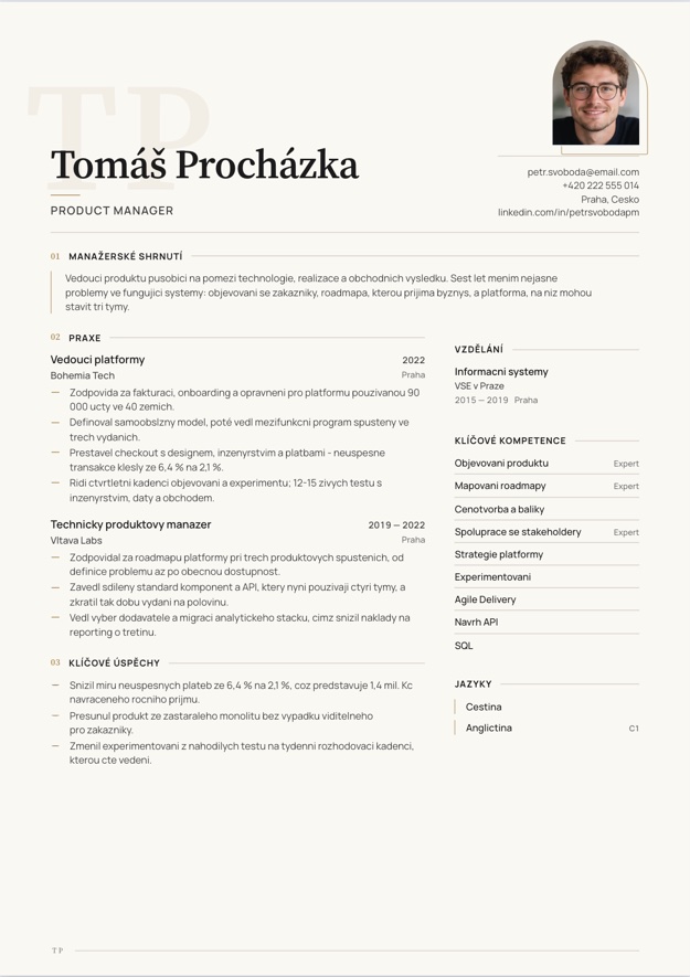 Hotový životopis Tomáš Procházka, vedoucí platformy, v šabloně Executive Premium
