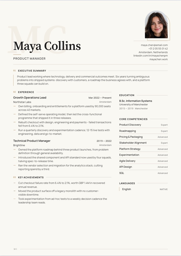 The finished CV for Maya Collins, Product Systems Lead, in the Executive Premium template