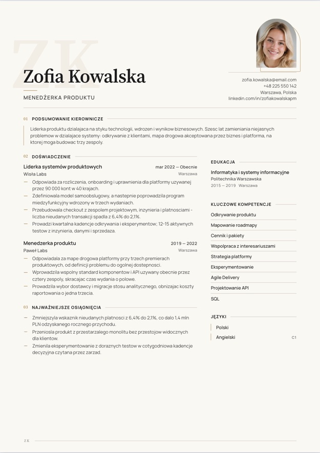 Gotowe CV Zofia Kowalska, Liderka systemów produktowych, w szablonie Executive Premium