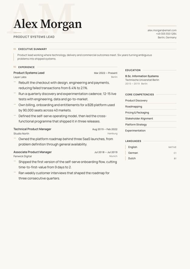The finished CV for Alex Morgan, Product Systems Lead, in the Executive Premium template