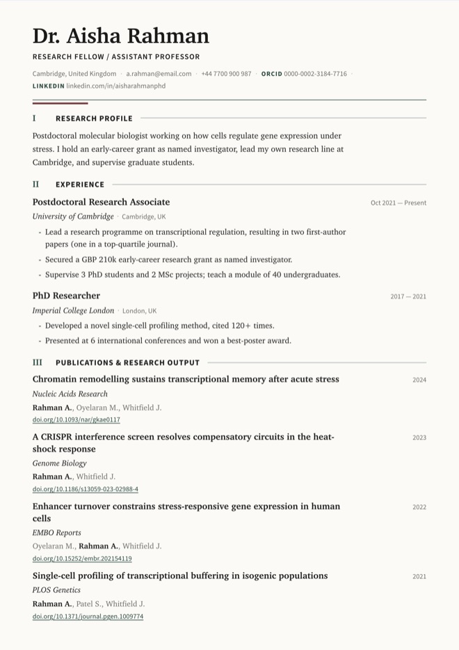 Academic / Research CV template preview