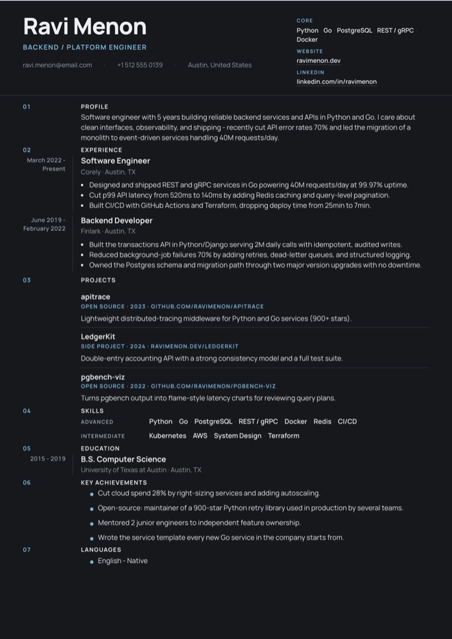 Dark Modern CV template preview