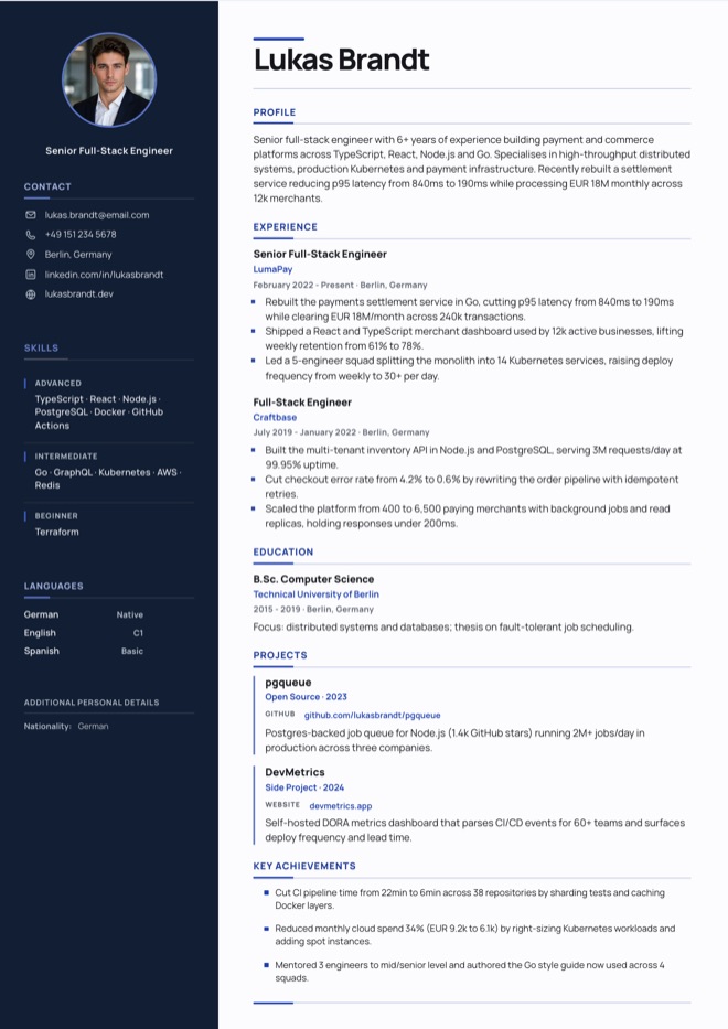 Dark Sidebar CV template preview