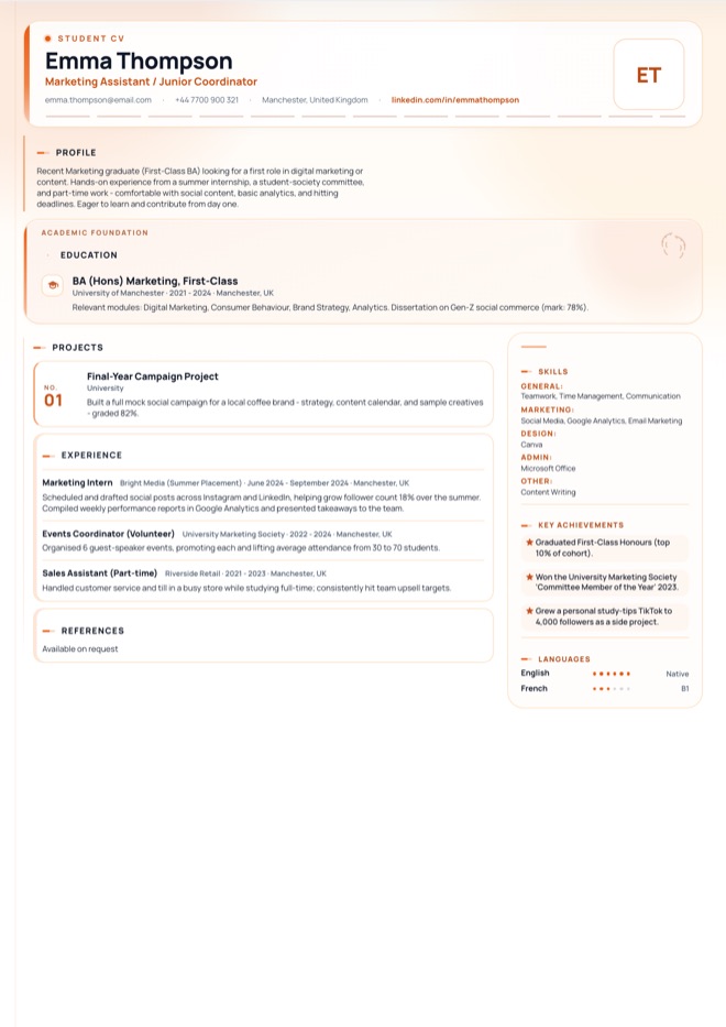 CV Template for No Experience preview