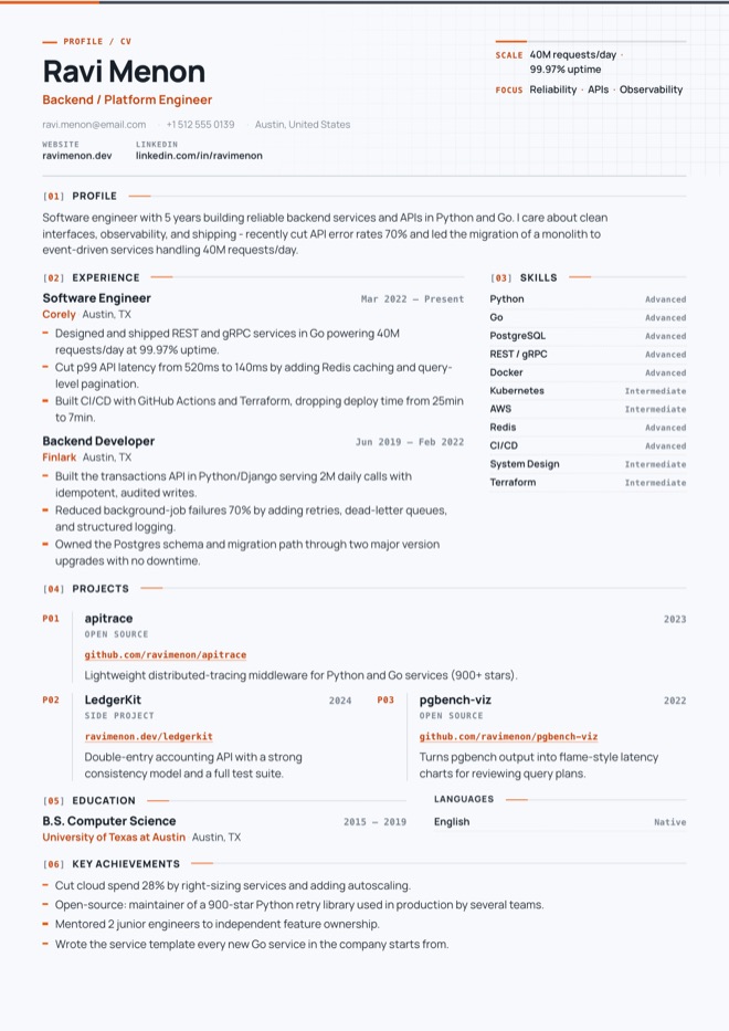Tech Stack CV template preview